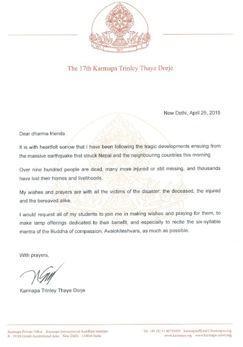 Condolence-letter-earthquake-Nepal-karmapa